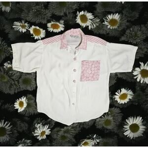 Vtg Try 1 Button-Up Top USA Pink White Floral Striped Colorblock Womens M 80s